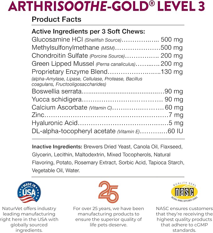 NaturVet ArthriSoothe-Gold Level 3 Advanced Joint Care for Dogs – Soft Chew Dog Supplement with Glucosamine, MSM, Chondroitin & Hyaluronic Acid – Wheat-Free Pet Supplements – 180 Ct.