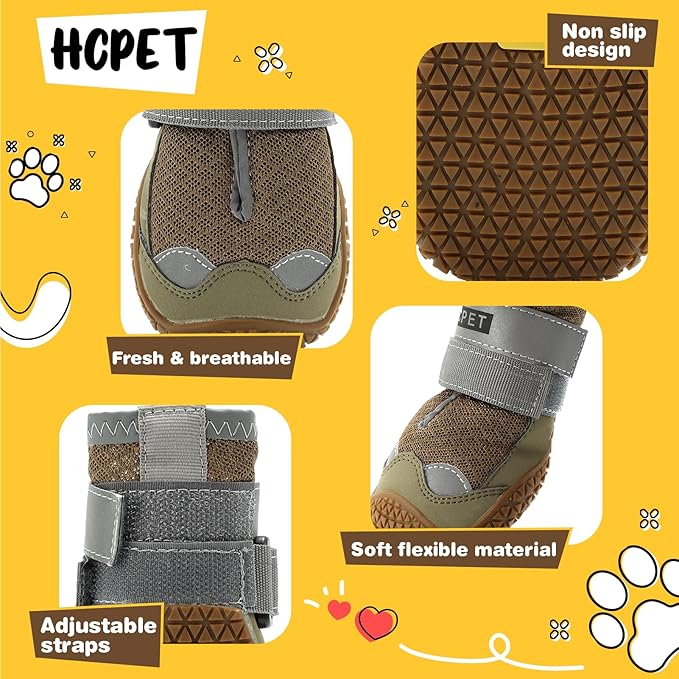 Hcpet Dog Shoes for Large Dogs, Breathable Dog Booties for Small Medium Dogs, Anti-Slip Dog Boots & Paw Protectors for Hot Pavement Winter Snow Hiking with Reflective Straps Army Green Size 7