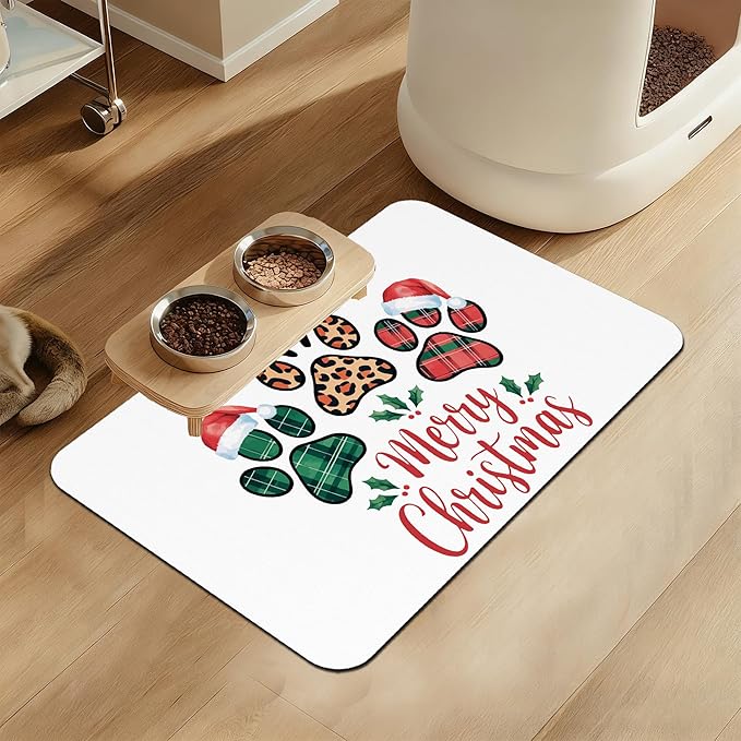 Dog Christmas Dog Food Mat–Absorbent Quick Dry Feeding Placemat for Food and Water Bowls, Non Slip Rubber Backing, Waterproof Pet Supplies for Mess-Free Eating 12"x20"