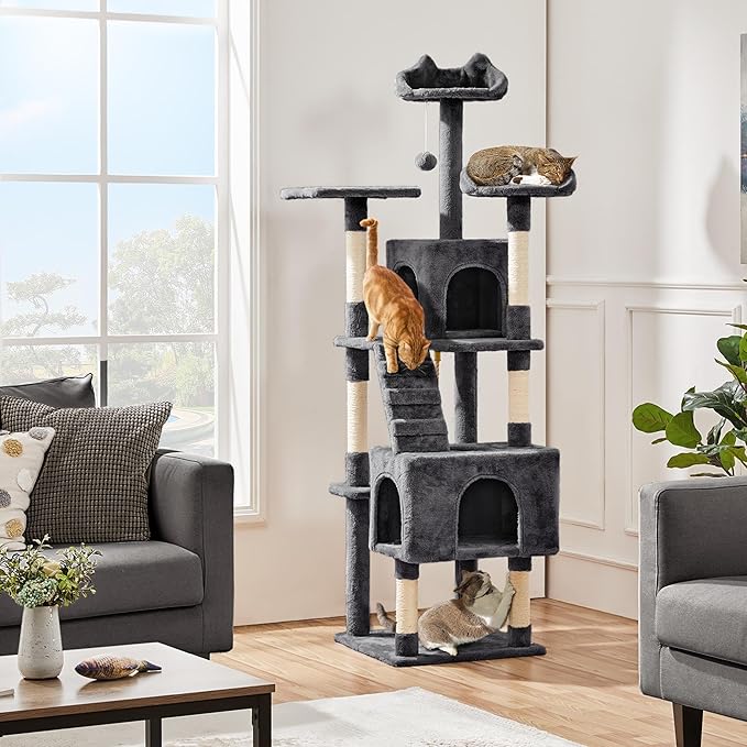 Yaheetech XL Cat Tree, 72in Multi-Level Cat Tower with 2 Cozy Caves, 3 Soft Perches, Scratching Posts, Board, and Dangling Ball, Pet Furniture Play House for Kittens/Cats, Dark Gray