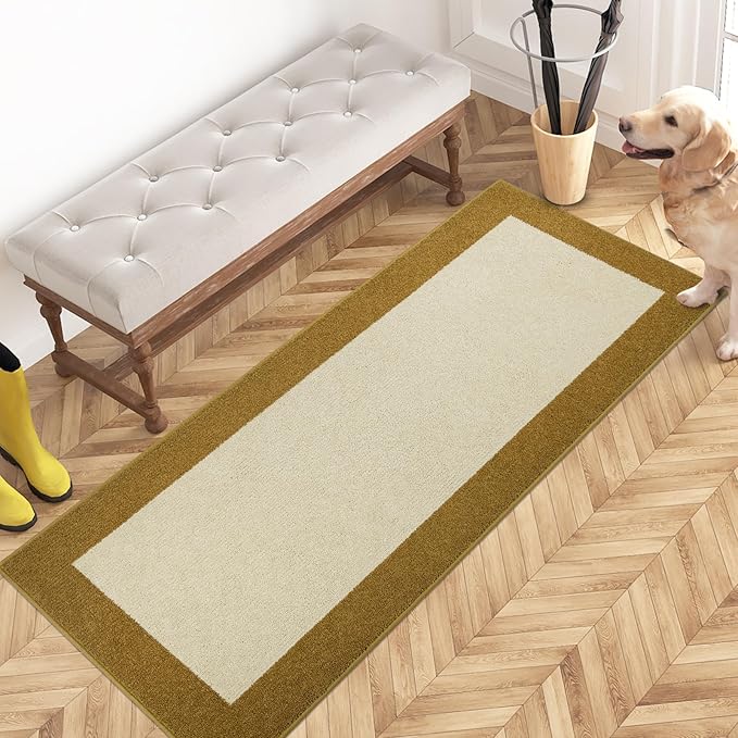 PURRUGS Dirt Trapping Door Mat 24" x 60", Non-Slip/Skid Machine Washable Entryway Rug, Shoes Scraper, Throw Rug, Super Absorbent Area Rug for Muddy Wet Shoes and Paws, Light Cream & Gold
