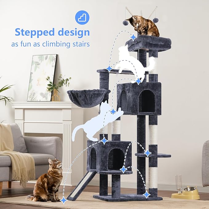 Hey-brother Cat Tree Tower, Sturdy Scratching Posts with Platform, Large Condos, Hammock, Removable Toys, Scratch Board, Multi-Level Furniture for Indoor Cats, 59.0 or 72.8 Inches, Smoky Gray MPJ055G