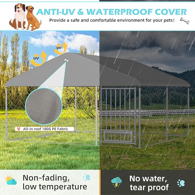 Erinnyees 10FT x 10FT Outdoor Dog Kennel with Roof, Dog Kennel Outside Dog Run Fence, Large Dog House Pen Enclosure with Secure Lock and Textilene Door