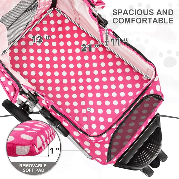 MoNiBloom 3 Wheels Pet Dog Cat Stroller for Small Medium Dogs Cats, Foldable Jogger Stroller w/Storage Basket and Cup Holder, Hot Pink Polka Dots
