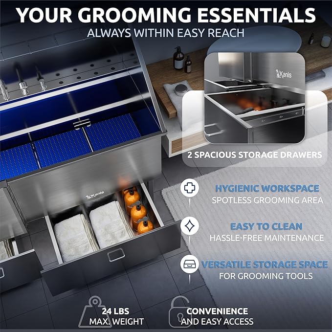 KANIS Professional Dog Washing Station - 304 Stainless Steel Pet Wash Sink & Grooming Bathtub w/Shower, Floor Grates and Storage for Large, Medium & Small Pets (61", 2 Drawers - Left Ramp)