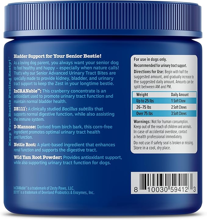 Zesty Paws Senior Cranberry Supplement for Dogs - Bladder Control for Senior Dogs - Urinary Tract Support - Cranberry Chews - Immune & Gut Support - Chicken - 90 Count