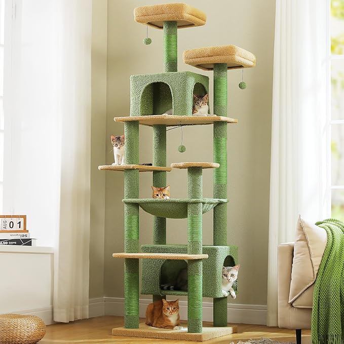 PAWZ Road Heavy Duty Cat Tree for Large Cats, 81 Inches Cactus Tall Cat Tower with 2 Perches, 2 Condos and Spacious Hammock, XL Extra Large Condo with 7 Scratching Posts for 20lb+ Adult Cats, Green
