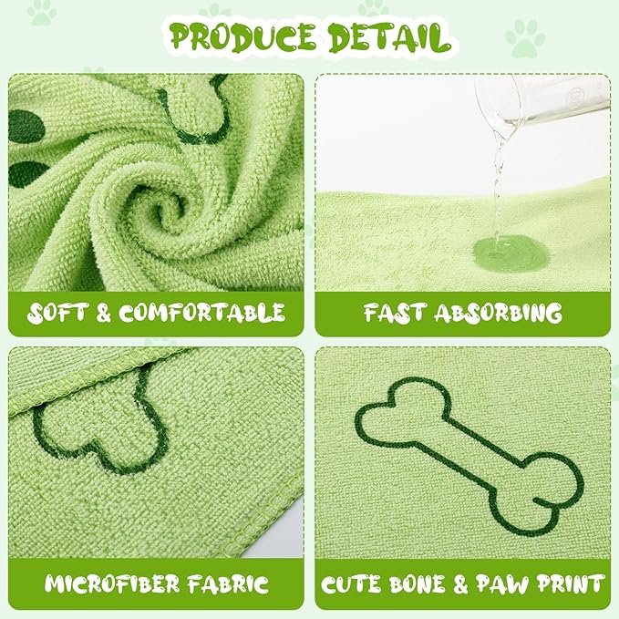 Tatuo 12 Pcs Dog Grooming Towels 28 x 55 Inch Microfiber Drying Pet Bath Towels Dog Absorbent Towel Quick Drying Puppy Bathing Supplies for Small Medium Large Puppy Cat(Green,Paw, Bone)