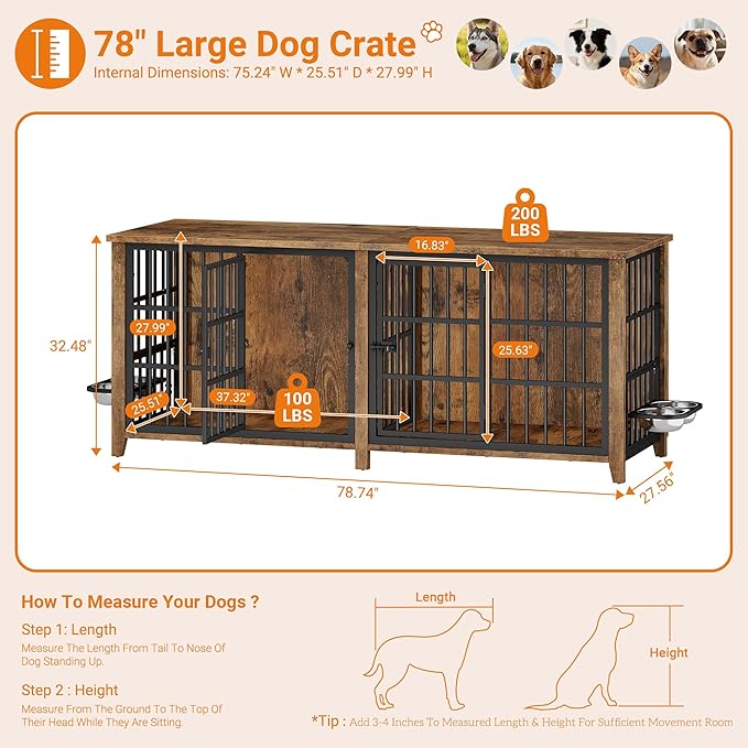 Lulive 78" Dog Crate Furniture for 1 Large or 2 Small/Medium, Extra Large Dog Kennel Indoor with Removable Divider & Adjustable Height Dog Bowls, Heavy Duty Wooden Double Dog Cage as TV Stand, Brown