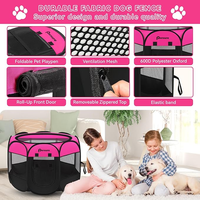 Dog Cat Playpen Indoor Outdoor for Puppy Pet Dogs Cat Travel, Dog Enclosure Tent Crates Cage for Recovery After Surgery, Portable Pop Up Dogs Kennel with Carrying Case (Rosy, Small)