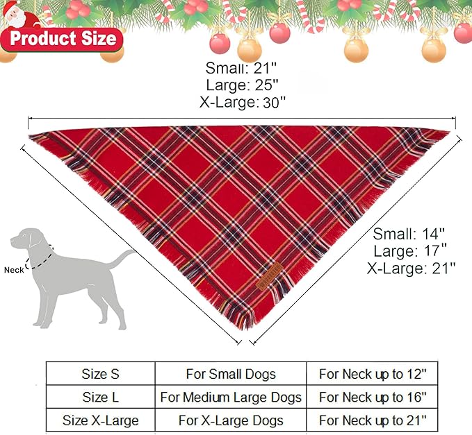 ADOGGYGO Christmas Dog Bandanas with Tassels, Stylish Red Green Plaid Dog Scarf Bib, Multiple Sizes, Pet Christmas Bandanas for Large and Extra Large Dogs (X-Large)