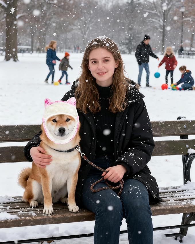 PET SHOW Dog Trapper Hat Winter Hat for Small Medium Dogs Warm Fleece Aviator Hats with Ear Flaps Adjustable Outdoor Girl Pet Pilot Costume Cap M-Pink Paw/Without Ear Holes