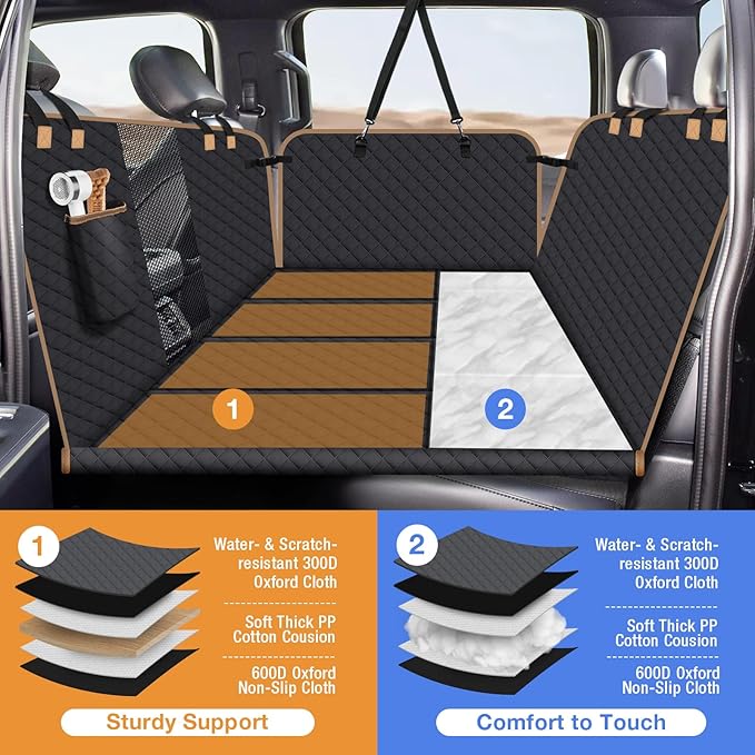 Dog Car Seat Cover for Back Seat, Dog Car Bed Cover with Strong Hard Bottom, Back Seat Extender Hammock for Cars SUV Truck,4 Panels Black Large Size