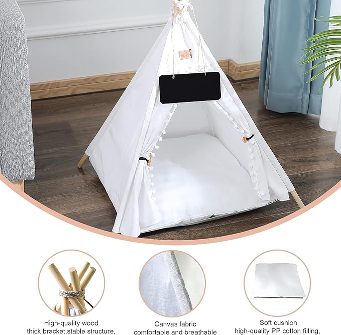 Pet Teepee, Portable Pet Tents for Small Dogs or Cats, Puppy Sweet Bed Washable Dog or Cat Houses with Cushion(White,24in)