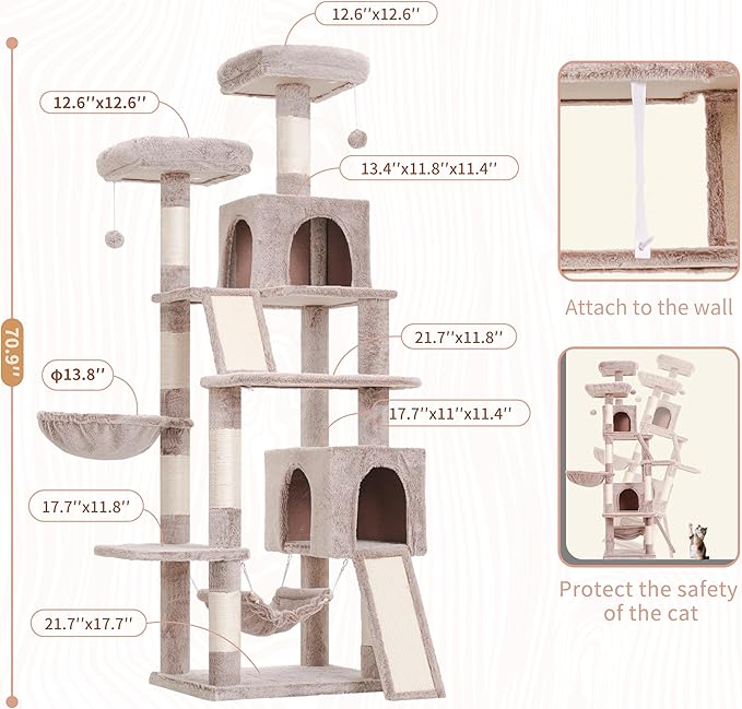 Cat Tree for Indoor Cats, 71'' (180cm) Multi-Level Cat Tower for Large Adult, Sturdy Cat Tree House with 2 Scratching Boards 7 Posts, 2 Plush Perches/Condos, Hammock, Muchroom GCT032MU