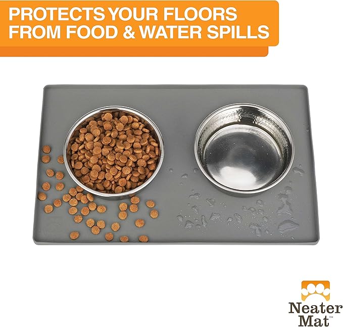 Neater Pet Brands Neater Mat Pet Mats for Food and Water, Cat & Dog Bowl Mat Waterproof Silicone, Feeding Tray, Dog Food Mats for Floors, Placemat w/Raised Edge for Under Bowls, 19" x 12", Grey