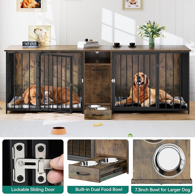 YITAHOME 94.5" Large Dog Crate Furniture with Feeder Bowls, Heavy Duty Dog Kennel with Room Divider and Drawer, Wooden Dog House TV Stand Table Indoor for 2 Large/Medium Dogs, Brown