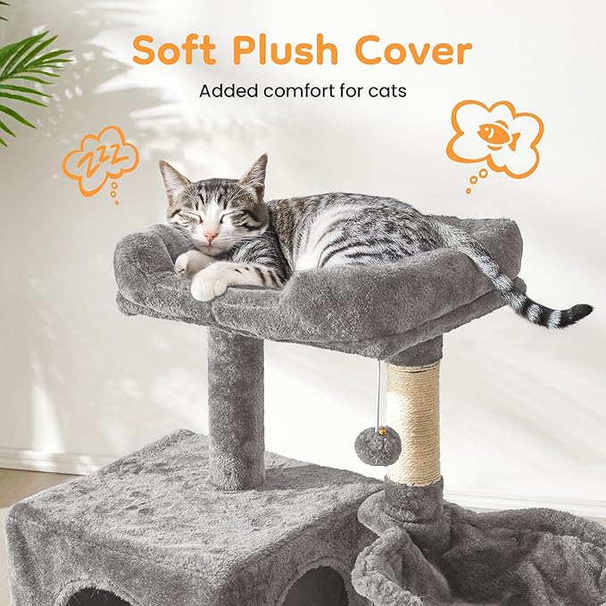 Multi-Level Cat Tree Tower for Large Cats with Scratching Posts, Condos, Perch, Hammocks & Toys, Cat Jungle Gym for Indoor Cats, Ideal for Multi-Cat Households, Grey