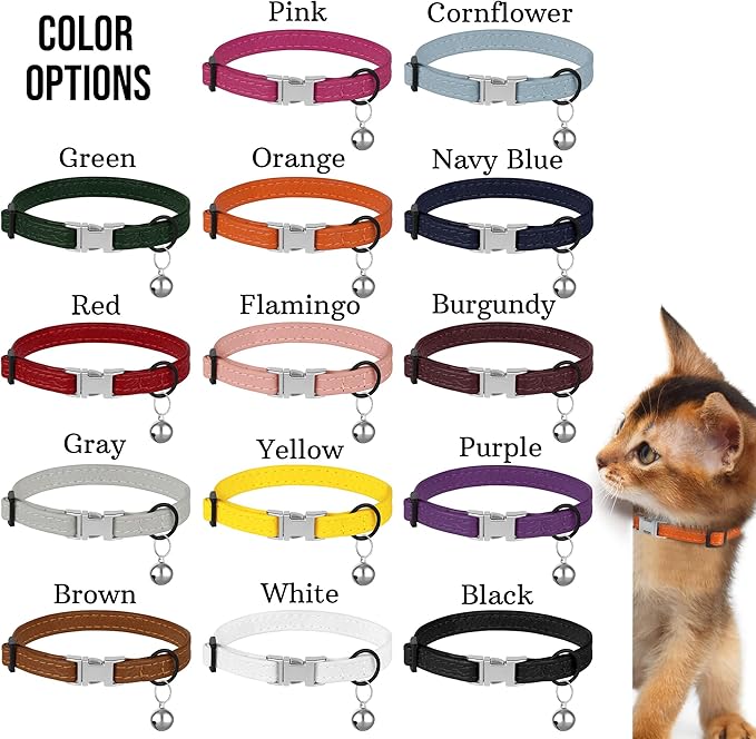 Leather Cat Collar with Buckle and Removable Bell - Non Breakaway Adjustable Soft Safety Small Pet Collars for Girl Boy Cats Kitten (Yellow)