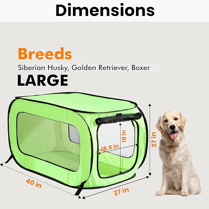 Beatrice Home Fashions Portable, Collapsible, Pop Up Kennel Travel Cat and Dog Crate, 40" L x 27" W x 27" H, Green