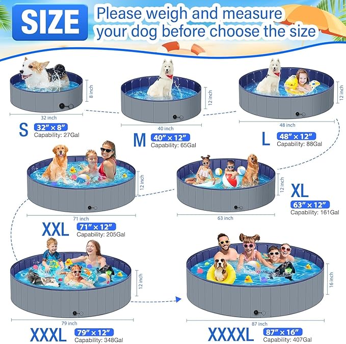 Dog Pool for Large Dogs, Kiddie Pool Hard Plastic, Dog Bathtub Portable, Foldable Pool for Dogs Slip-Resistant (Dark Gray, XL-64"x12")