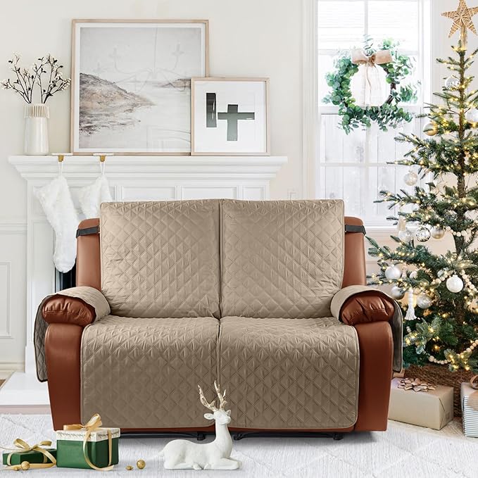 Ruaozz Waterproof Recliner Sofa Cover 1-Piece Couch Covers for Reclining Couches Reclining Sofa Cover Washable Furniture Protector with Elastic Straps Pocket for Kids, Pets (Khaki, 2 Seater)