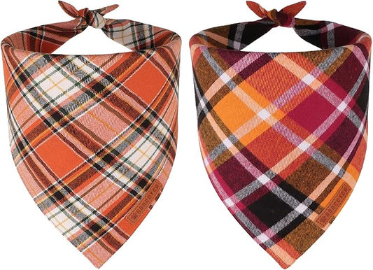 ADOGGYGO Fall Dog Bandanas 2 Pack, Premium Cotton Fabric, Orange Plaid Holiday Pet Scarf, Fall Thanksgiving Halloween Bandanas for Medium Large Dogs (Large)