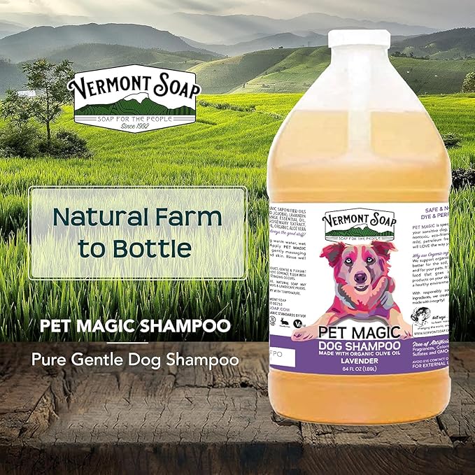 VERMONT SOAP Organics Pet Shampoo - Infused with Organic & Natural Olive Oil, Coconut & Aloe Vera Dog Shampoo for Sensitive Skin - USDA Certified Grooming, Lavender (64oz)