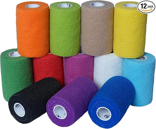 3 Inch - 12 Rolls Self Adhesive Bandage Wrap Vet Wrap for Dogs - Wrap Tape Athletic Cohesive Bandage for Sports Injury, Strain, Knee&Wrist, Ankle Sprains. First Aid Non-Woven Bandages