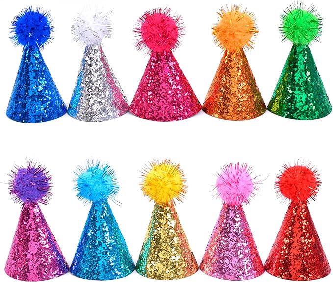 10Pcs Dog Cat Birthday Hat Mini Party Birthday Hats for Stuffed Animals Set Cute Small Party Hats with Glitter Adjustable Pastel Pet Grooming Costume Accessories Mini Stuff for Small Dogs Cats