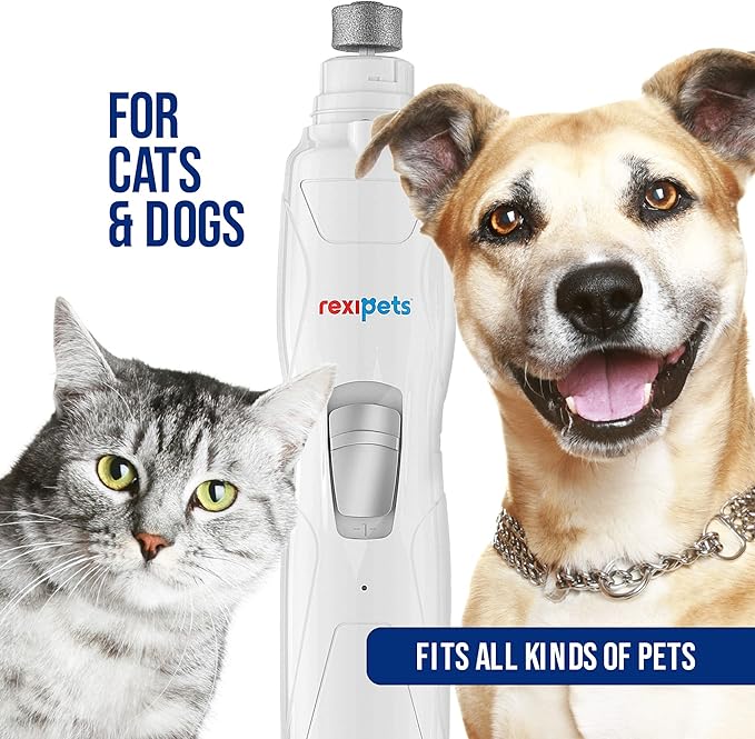 REXIPETS Cat and Dog Nail Grinder - Rechargeable Electric Pet Nail Clipper & Trimmer- Painless Paws Grooming - Quiet 2-Speed Motor. 3 Size Ports for Small, Medium, Large Pets- Up to 4 Hours of Charge