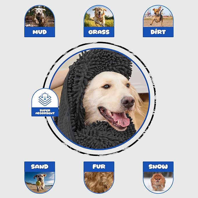 Super Absorbent Microfiber Dog Towel – Large Quick Dry Pet Bath Towel for Drying Dogs After Bathing, Swimming & Grooming – Puppy, Small & Large Dog Bath Supplies-Coffee (Black)