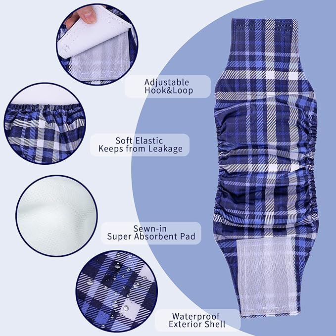 MICOOYO Washable Belly Bands for Male Dogs Reusable Doggie Diapers Absorbent Doggy Wraps with Adjustable Fastener - XSmall (Pack of 3, Plaid Red and Blue and Grey)