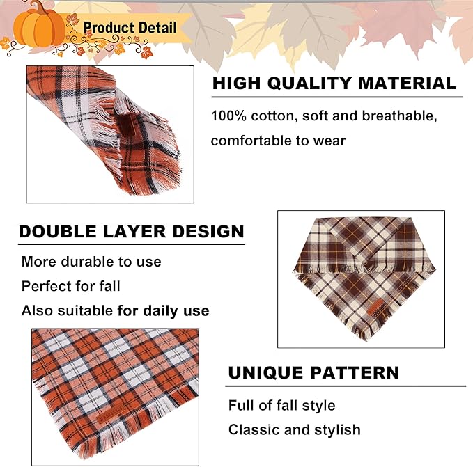 ADOGGYGO Fall Dog Bandanas with Tassels Edges, Orange Brown Plaid Scarf Bib, Multi Size, Fall Thanksgiving Halloween Bandanas for Medium Large Dogs (Large)