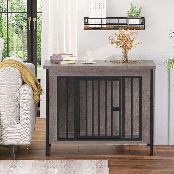 EasyCom Dog Crate Furniture for 1 or 2 Dogs, Heavy Duty Single/Double Dog Crates for Small/Medium/Large Dogs, Dog Kennel Furniture Indoor as TV Stand, Medium Size 31.5" L(20-35 Pounds), Oak Grey