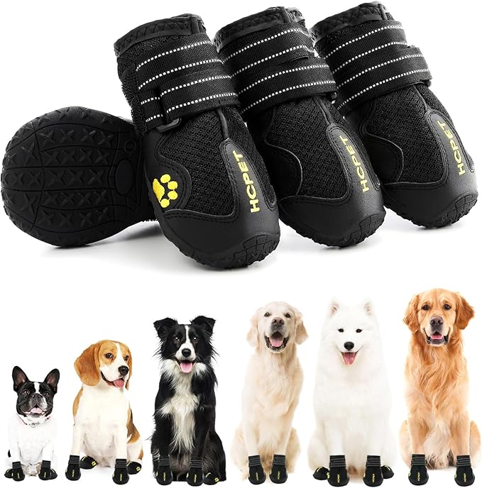 Hcpet Dog Shoes, Dog Boots for Large Dogs, Waterproof Dog Booties Paw Protector for Summer Hot Pavement, Winter Snowy Day, Outdoor Walking, Indoor Hardfloors Anti Slip Sole Black Size 7