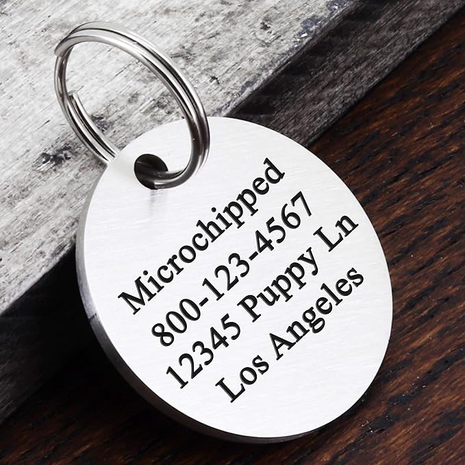 Ultra Joys Personalized Custom Dog ID Tag - Brushed Stainless Steel, Round, Silver, Small