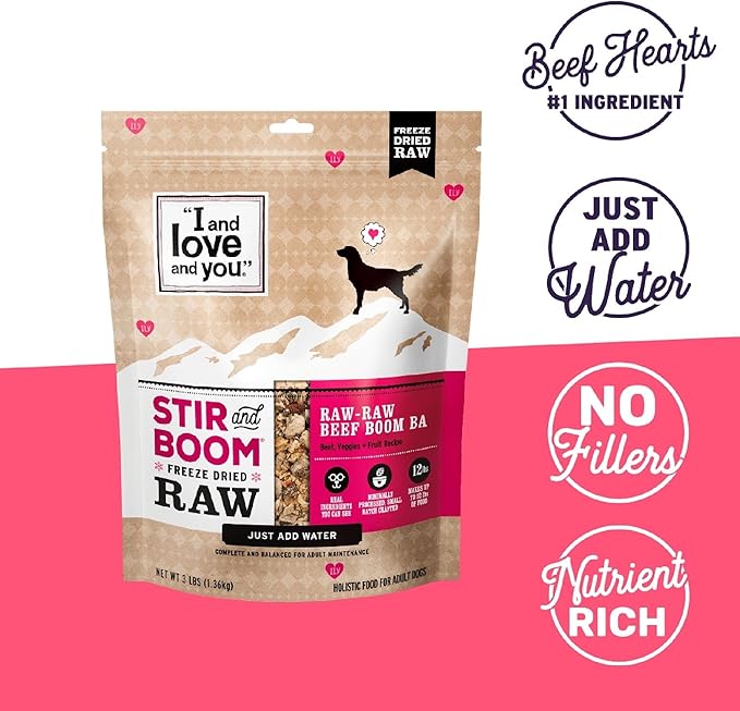 I AND LOVE AND YOU Stir and Boom Dehydrated Freeze Dried Raw Dog Food - Beef - Grain Free, Real Meat, No Fillers, 3lb Bag