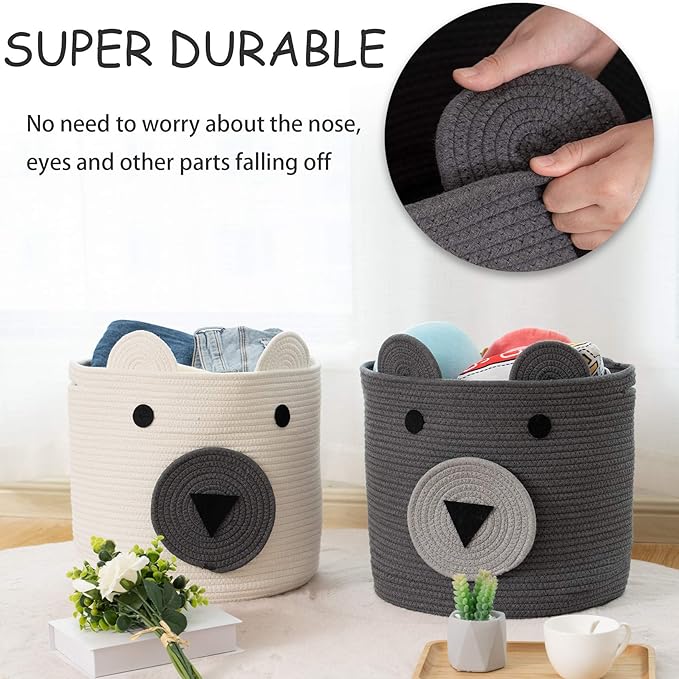 VK VK·LIVING Cotton Rope Bear Animal Basket Foldable Large Woven Storage Basket Baby Nursery Cute Laundry Hamper for Toys, Blanket, Clothes in Bedroom Living Room Toy Box for Baby 14x14 Grey