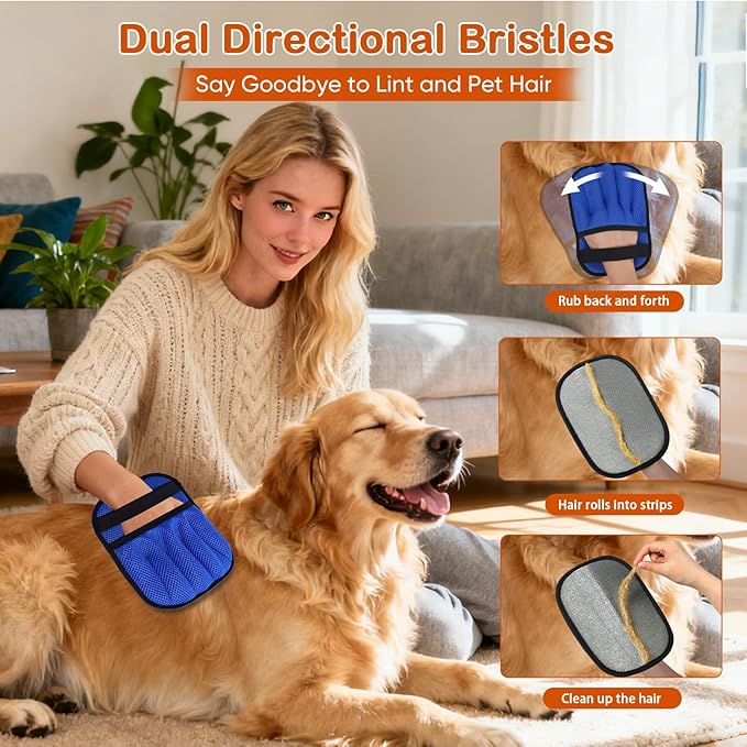 Pet Hair Removal Gloves 2-Pack - Upgraded Five-Finger Electrostatic Cats & Dogs Hair Brush Shedding | Reusable Pet Hair Remover Tool for Laundry, Furniture, Car Seat (Blue)