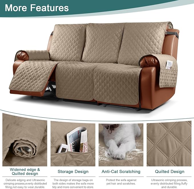 Ruaozz Waterproof Recliner Couch Covers 1-Piece Sofa Covers Washable Recliner Covers Non-Slip Furniture Protector with Elastic Straps Pocket for Kids, Pets (Khaki, 3 Seater)
