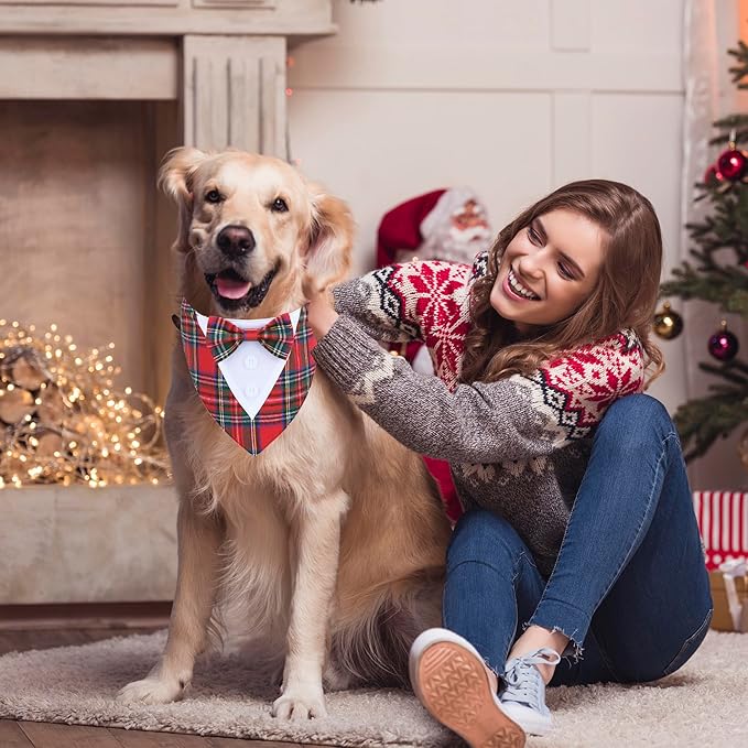 ADOGGYGO Christmas Dog Tuxedo Bandana, Red Plaid Pet Chritstmas Collar with Bowtie, Adjustable Christmas Costume for X-Large Dogs Pets (XL)