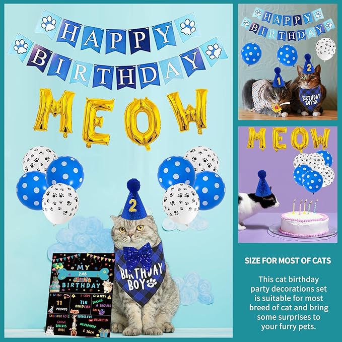 Cat Kitten Birthday Bandanas Cat Birthdays Party Supplies Party Hat Boy with Cat Birthdays Banner Balloons Meow Letter Foil Balloons for Boy Cats Kitten Decorations