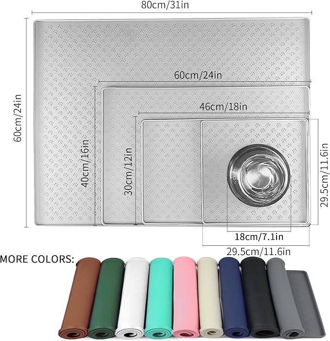 Ptlom Dog Food Mat Anti-Slip Bowl Mats for Food and Water, Waterproof Silicone Pet Placemat with High Raised Edges, Non-Slip Puppy Feeding Tray for Small, Medium Large Cats Dogs, Gray, 11.8"x11.8"