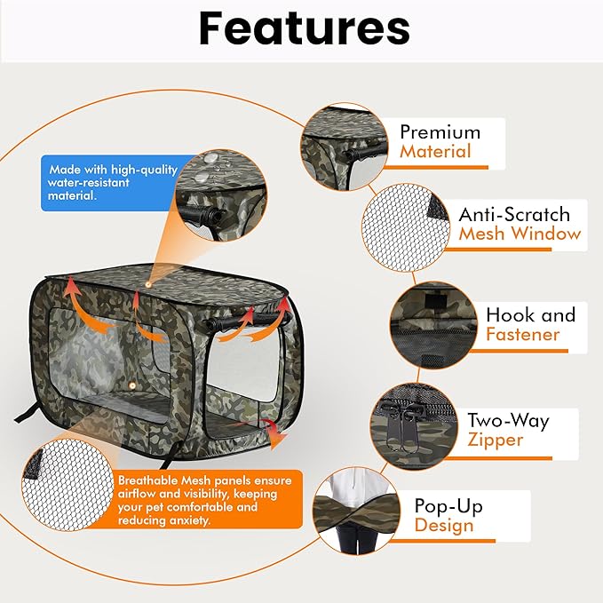 Beatrice Home Fashions Portable, Collapsible, Pop Up Kennel Travel Cat and Dog Crate, 24" L x 16.6" W x 16" H, Camo Green