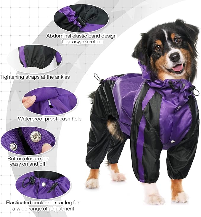 Dog Raincoat, Waterproof Dog Rain Coats for Large Dogs, Lightweight Rain Jacket, Adjustable 4 Legs Pet Poncho with Hood, Snow-Proof Dog Vest Rainwear, Rain Clothes Apparel with Leash Hole