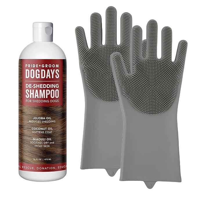 Pride and Groom DogDays De-Shedding The Scrub Kit - Natural Dog Shampoo with Silicone Scrubber Gloves for Detangling, Shedding Control, Coat Massage, Clean Ingredients, and Gentle Pet Grooming Care
