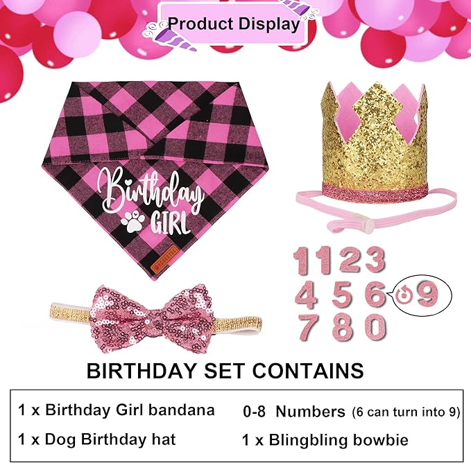 ADOGGYGO Dog Birthday Party Supplies, Pink Plaid Birthday Girl Dog Bandana, Golden Puppy Party Hat with Numbers, Bowtie for Small Puppies (Small)