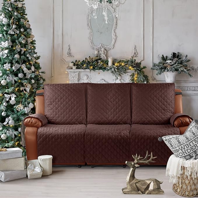 Ruaozz Waterproof Recliner Sofa Cover 1-Piece Couch Covers for Reclining Couches Reclining Sofa Cover Washable Furniture Protector with Elastic Straps Pocket for Kids, Pets (Coffee, 3 Seater)