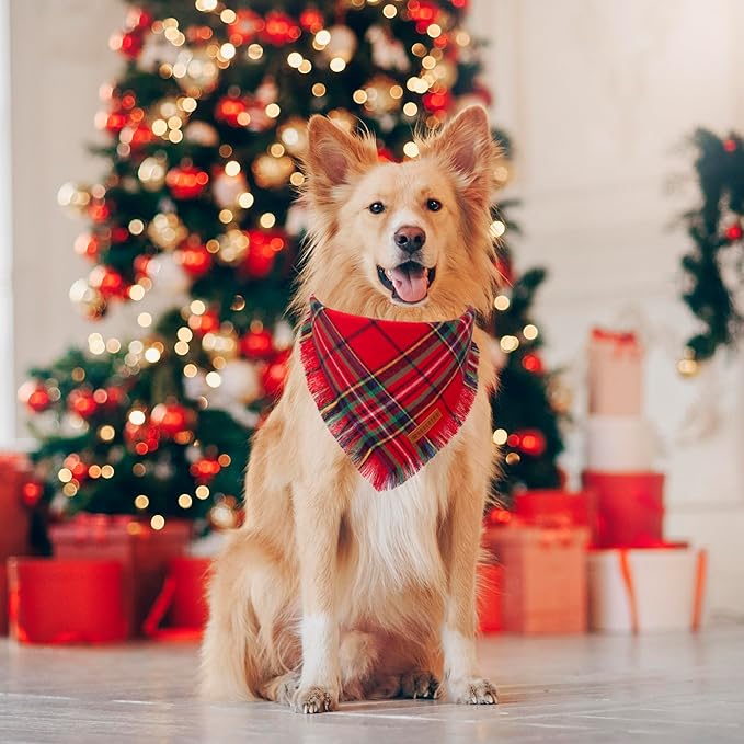 ADOGGYGO 2 Pack Dog Bandana Christmas with Tassels Edges, Stylish Red Green Plaid Pet Scarf Bibs Kerchief, Premium Cotton Fabric, Pet Christmas Bandanas for Large X-Large Dogs (X-Large)